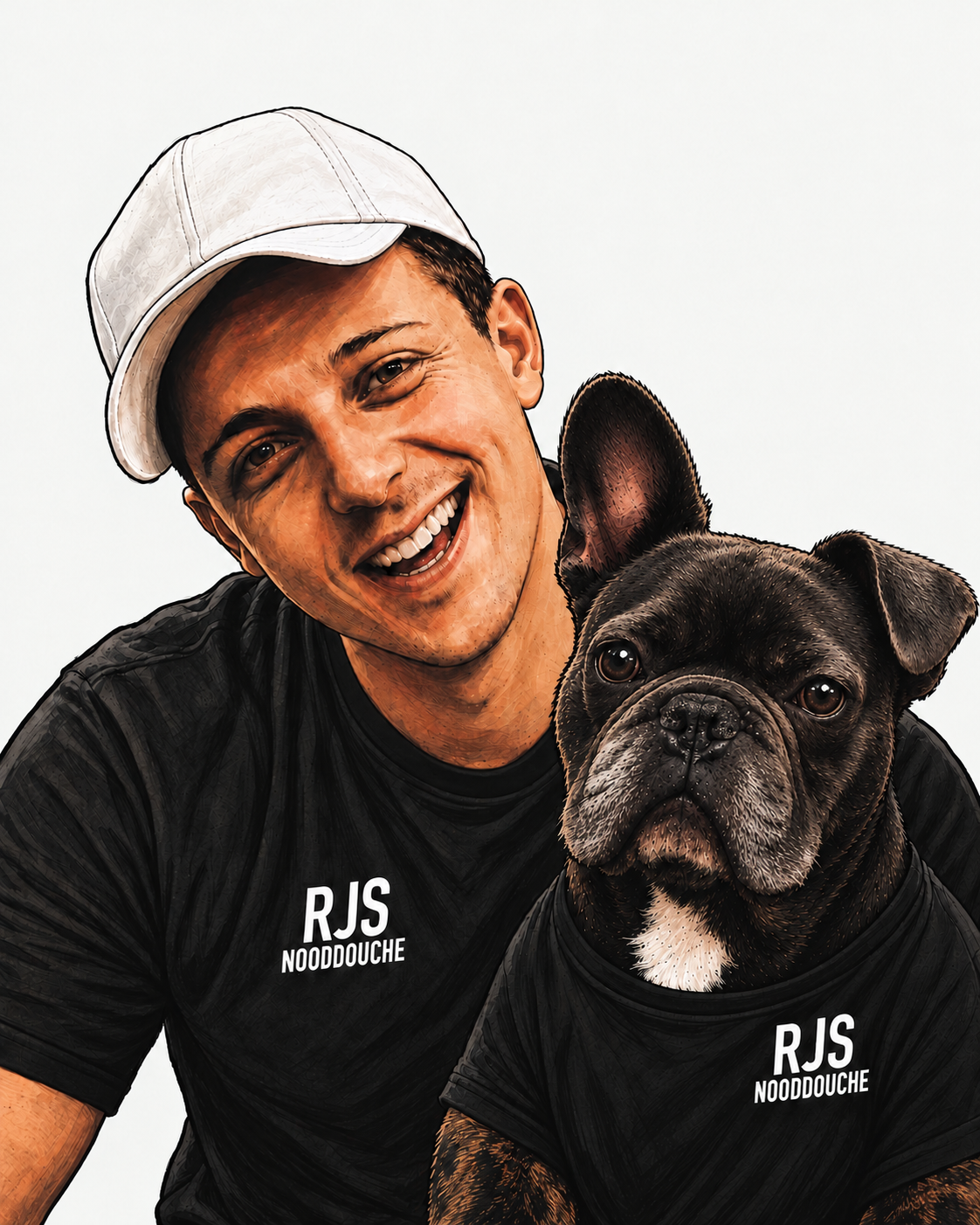 Wessel Kuijk samen met hond Dex in RJS Nooddouche-shirts